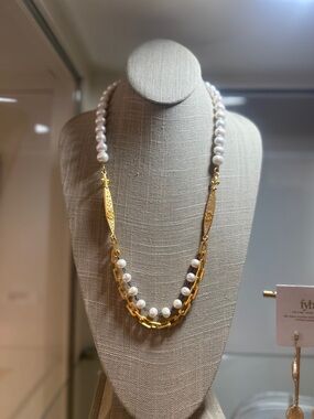 24K gold clad Chain and FreshwaterWhite Pearl Layered Necklace by French Kande
